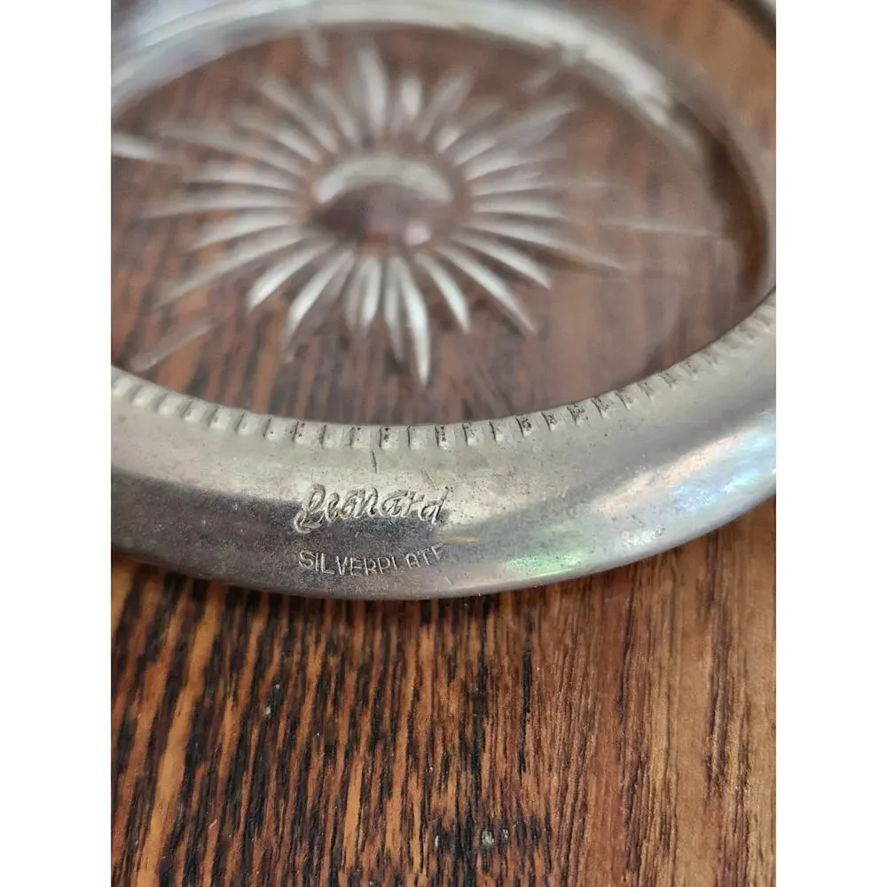 3 Glass Coasters LEONARD Italy Sterling Silver Plate Rim STARBURST MCM Vintage